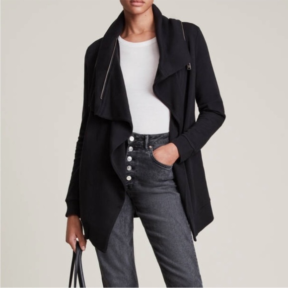 All Saints • Dalia Sweatshirt Cardigan Coat in Black - Picture 1 of 10